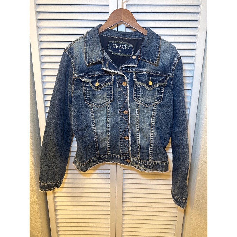 Grace in LA Womens Distressed Denim Jacket Medium Wash Frayed Hem Size M